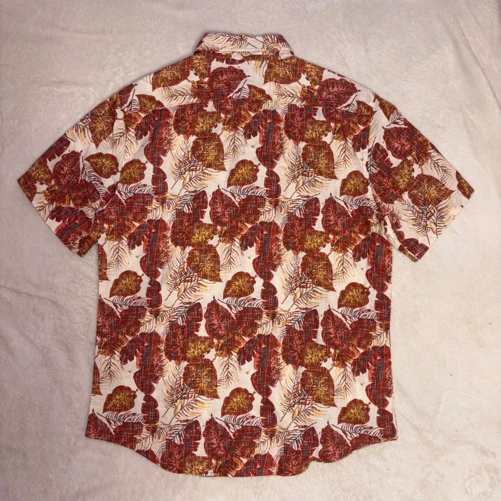 Banana Republic Linen Shirt Camp Mens Medium Red Hawaiian Floral Slim Fit